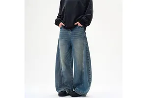 Men's Vintage Washed Denim Straight Loose Curved Knife Wide Leg Pants Streetwear Trendy Casual Hip Hop Banana Blade Trousers