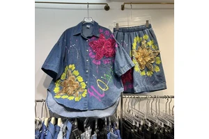 New Denim Suit Three Dimensional Flower Hand Painted Irregular Top Women's Pants Digital Printing Knee Length Shorts