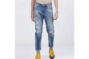 Men's Mid Waist Straight Embroidered Denim Stretch Casual Stylish High Street Trouser Lightweight Jeans Pant