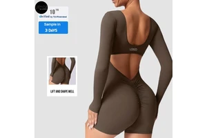 Women's Comfortable & Stylish Long Sleeve Sports Bodysuit Gym Jumpsuit with Shorts for Yoga & Fitness