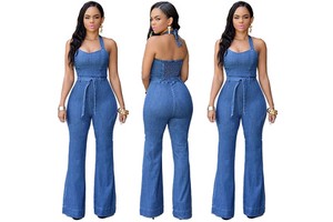 Women's Sexy Casual High Waist Denim Jumpsuit Slim Streetwear with Waist Belt Solid Pattern Summer Jeans Jumpsuit