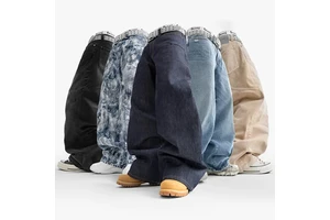 DiZNEW 2025 Men's High-End Quality Jeans American Vintage Style Wide-leg Slim Fit Mid Washed Denim Plus Size Wholesale
