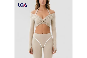 Custom Women Contrast Stitching Front Twist Deep V Soft Yoga Pilates Crop Top Gym Workout Activewear Long Sleeve Ballet Wrap Top