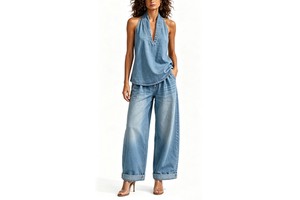 Halter Neck Denim Set Women V Top Wide Leg Jean Pants Undefined Abbigliamento Donna Clothing Manufacturers Wholesale Retro