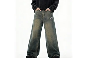 Vintage Men's Pants Trousers Washed Distressed Button-Down Cotton Straight Leg Jeans for Men