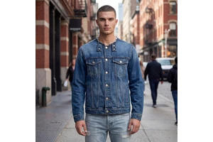OEM ODM High Quality Mens Jeans Jacket Blue Denim Stand Collar Breathable Quilted Patchwork Premium Streetwear Outerwear