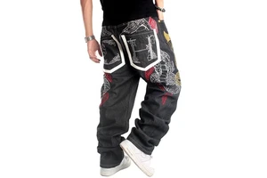 Wholesale Plus Size Mens Jeans Fashion Skateboard Pants Dragon Embroidery Baggy Jeans Hip Hop Denim Black Trousers