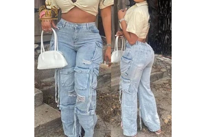 Trendy Women's Fashion Jeans High Street Women Workout Denim Pants With Pocket Washed Casual Loose Denim Cargo Jeans for Women