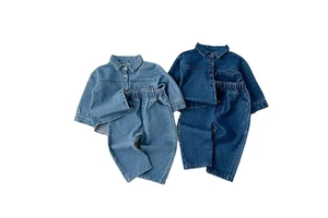New Autumn Children's Denim Suits Boys And Girls Shirts Vintage Long-sleeved Jeans Trousers Two-piece Set