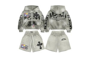 Men's Distressed Rhinestone Letter Print Drawstring Hoodie Shorts Set with Angel Design Breathable Autumn for Urban Streetwear