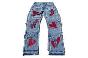 Men's Distressed Cargo Jeans Plus Size Mid Waist Loose Fit Hand Embroidered Red Hearts Casual Denim Pants
