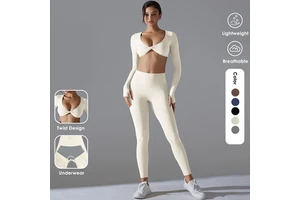 Ladies Solid Long Sleeve Pleated Front Crop Top Gym Fitness Yoga Wear High Waist Seamed Legging Yoga Set Breathable Thumb Hole