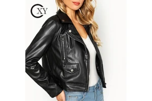 Women's Autumn Short Bow Collar Breathable Leather Bomber Jacket With Zipper Cuff and Customize Fashion