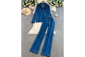 Women's Vintage Chic Denim Suit V-Neck Long Sleeve Tops Elastic Straight Pants Solid Pattern Washed Technique Digital for Autumn