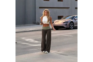 Polyester Low-Rise Summer Women's Flared Casual Pants With Ruffled Trim-Solid Colors Loose Fit Full Length