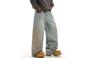 Custom Faded Wash Print Blue Oversized Bell Bottom Bootcut Distressed Vintage Denim Pant Flared Jeans Men