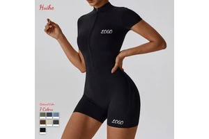 HUIHE Summer Zipper Short Sleeved Yoga Jumpsuit Fitness Tight Fitting Sports Jumpsuit for Women