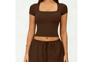Aibalu Clavicle-cut Square-neck Short-sleeve Strapless High-waisted Draping Casual Wide-leg Pants Spandex/Nylon Yoga Set