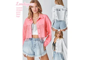 New Fashion Women Denim Jacket Long Sleeve Stars Patch Tassel Shirts Shacket Coat