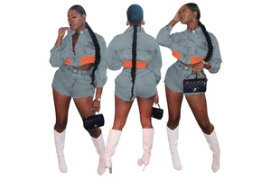 Ladies Fall Blue Jean Jacket and Shorts Set Denim Streetwear Two 2 Pieces Outfit Jeans Short Suit for Women