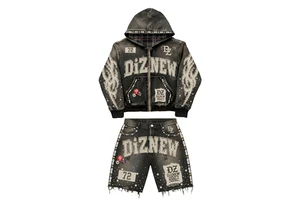 DiZNEW Rhinestone Jeans Set Custom Custom Logo Distressed Jackets And Jeans Short Sets Designer Summer Set For Men