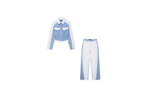Women's Fall New Arrival Fashion Streetwear Color-Block Patchwork Denim Jacket & Straight-Leg Pants Two-Piece Set