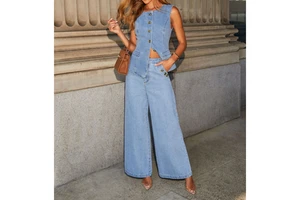 Women's Denim Vest and Wide Leg Pants Set Chic Sleeveless Button Down Top with Jeans Trousers Two Piece Outfit