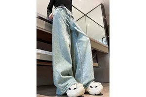 Custom Fashion Hotselling High Waist Diamond Straight Pants Casual Rhinestones Jean Women Trousers Denim Jeans