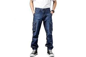 Autumn Winter Custom Men's Plus Size Mid Waist Washed Distressed Loose Straight Jeans Wide-leg Baggy Denim Pants Vintage Style