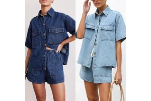 Women's Vintage 2-Piece Denim Casual Suit with Above Knee Shorts Short Sleeve Shirt with Loose Pocket Plain Dyed for Summer