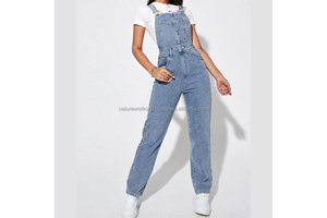 Casual Wear Straps Neckline Denim Overall Ladies Jeans Medium Wash Regular Fit High Waist Long Sleeveless Jumpsuits Jean's Girls