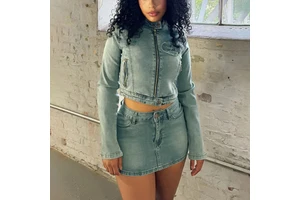 Autumn Spring Women Casual Elastic Sexy Zipper Jeans Street Wear Long Sleeve Denim Jacket and Shorts Matching Suits 2 Piece Set