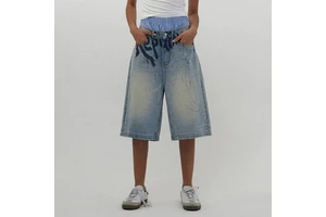 LARSUR Custom Factory Printed Distress Wash Baggy Cropped Jorts Distress Dye Wash High Waist Twill Denim Short Pants for Women