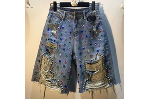 Custom New Heavy Denim Straight Pants Casual High Waist with Diamond Washed Jean Shorts Women 2025