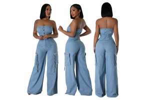 Cross-Border New European American Summer Casual Fashion Strapless Women's Loose Fit Mid-Rise Denim Jumpsuit Workwear Pants