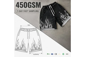 Premium Heavyweight Washed Black Denim 100% Cotton Windproof Breathable Men's Oversized 3D Rhinestone Flame Pattern Shorts