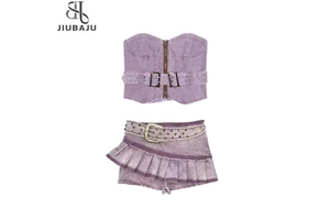 Women Denim Clothing Suits Chic Zipper Slash Irregular Tops + Belt Pleated Jeans Mini Skirt 2-piece Sets