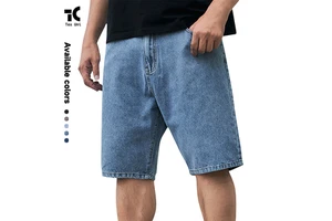 Custom Logo Men's Loose Fit Denim Shorts Vintage Washed Baggy Jorts Casual Streetwear Knee Length Shorts