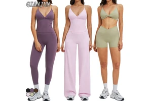 New Arrival Women Breathable Yoga Workout 5 Piece Set V-Neck Sleeveless Top High Elastic Fitness Pants for Strength Training