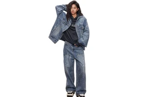Custom Women's Denim Set Women Two Piece Denim Matching Sets Paint Spray Jean Sets for Women