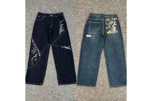 2026 High Quality Floral Embroidery Patchwork DER Men's Jeans Broken Hole Wide Leg Heavy Trousers DERSCHUTZE Denim Pants for Men