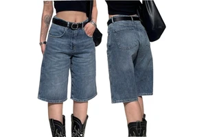 Casual Relaxed Fit Woven Denim Shorts Women's Low Rise Straight Leg Mid Length Ruched Simple Style Summer Solid Chemical