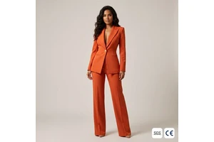 Custom Terracotta Orange Stretch Twill Suit Set Women Peak Lapel Blazer Wide Leg Trouser OEM Power Suit Latina Style S To 5XL
