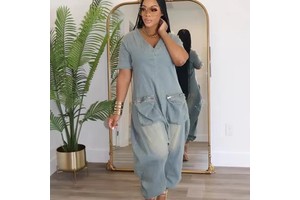 Cross Border Women's Loose Crotch Jumpsuit with Retro Personality and Fashionable Large Pocket Denim Suit