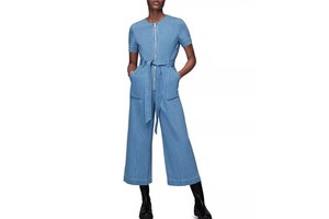 2022 Spring Summer Women Elegant Short Sleeve Front Zipper Utility Pockets Tie Belt Wide-leg Crew Neck Denim Jumpsuit