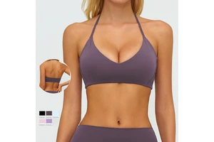 Yoga Sports Bra for Women Deep V-Neck Spaghetti Strap High Support Removable Padded Back Adjustable