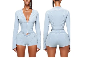 2026 New Women Denim Corset Two Piece Set Long Sleeve Zipper up High Waist Shorts Slim Fit Outfit