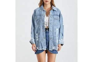 Oversized Distressed Denim Jacket Women Vintage Light Blue Ripped Jean Jackets Raw Hem Loose Streetwear Outwear Ladies Coat