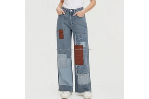 Custom Frayed Hem Wide Leg Patchwork Jeans For Women Faded Wash Denim Pants Ladies