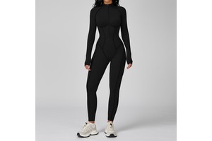 Women's Color Block Stand Collar Jumpsuit Half Zip One-Piece Workout Outfit High Impact Sports Yoga Wear 9326